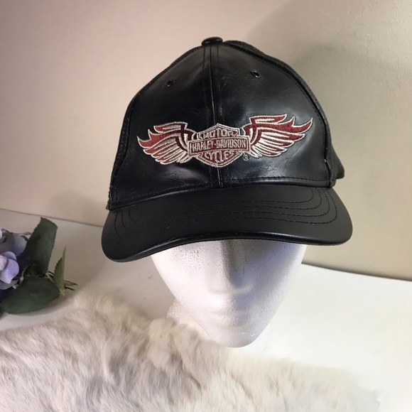 Harley Davidson Leather Cap Black Embroidered Logo Wings